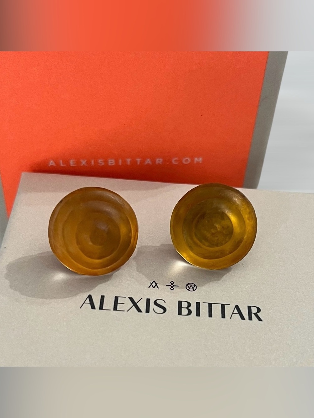 Alexis Bittar Lucite round stud earrings amber yellow gold color hand-carved